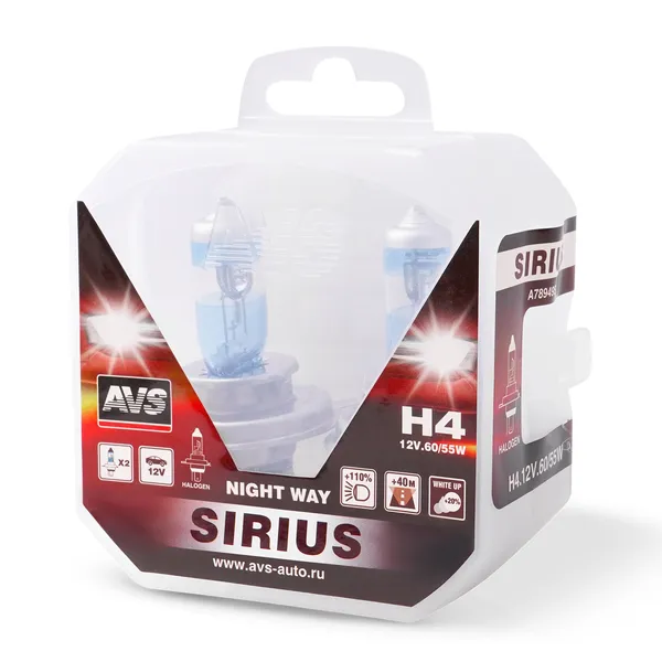 Лампа галогенная AVS SIRIUS NIGHT WAY H4.12V.60/55W Plastic box -2 шт