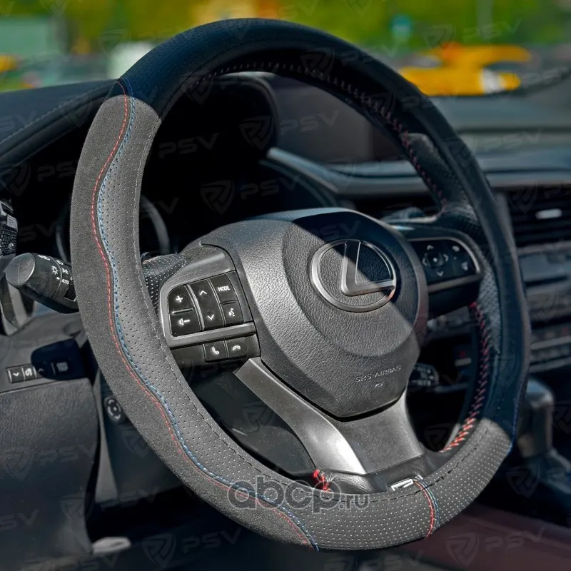Оплетка М экокожа, черный/отстрочка красная+синяя, ALCANTARA Fiber