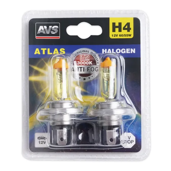 Лампа галогенная AVS ATLAS ANTI-FOG / желтый H4.12V.60/55W (блистер, 2 шт.)
