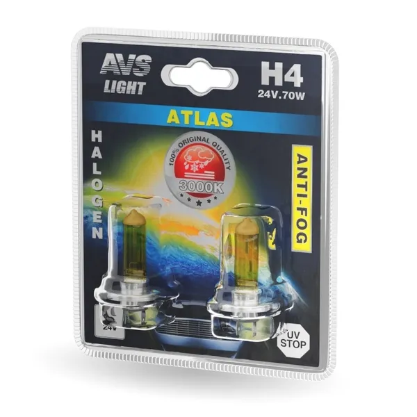 Лампа галогенная AVS ATLAS ANTI-FOG / желтый H4.24V.75/70W (блистер, 2 шт.)