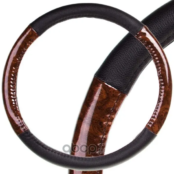Оплетка M экокожа, черная с вставками под дерево, Wood-7