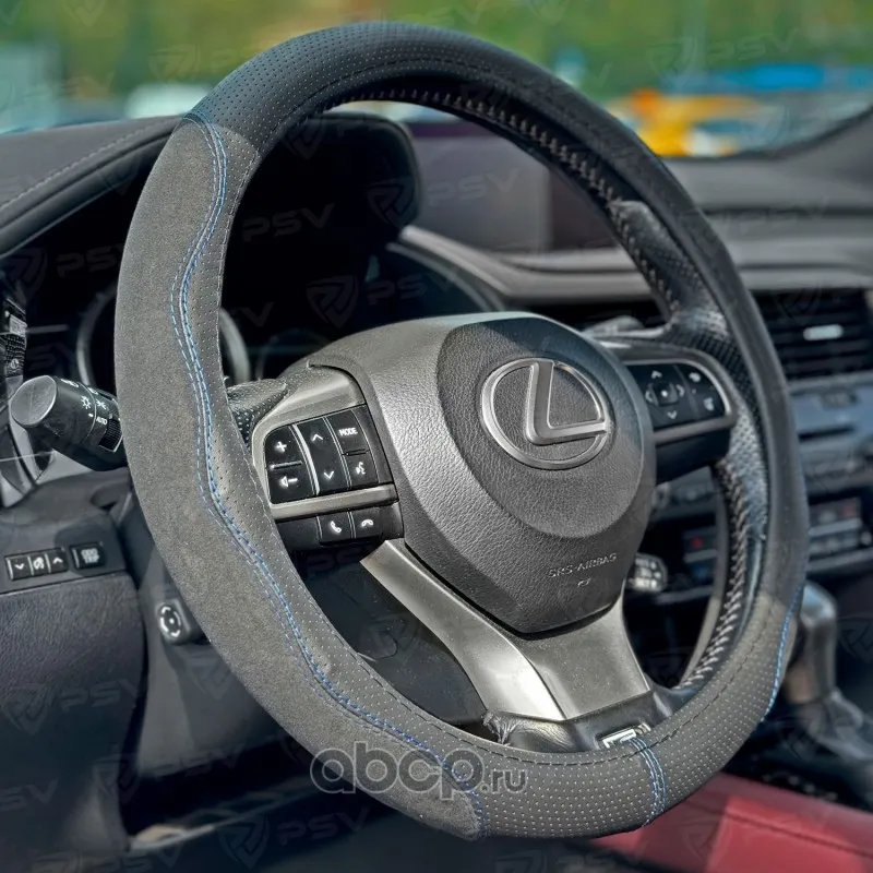 Оплетка М экокожа, черный/отстрочка синяя, ALCANTARA Fiber