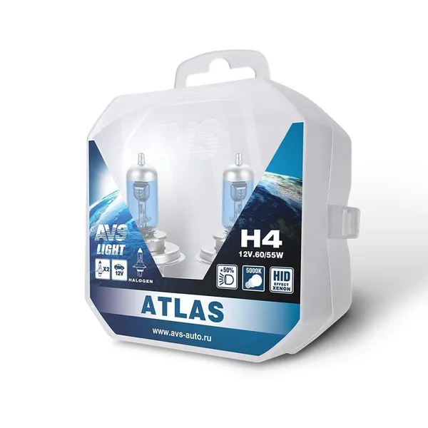 Лампа галогенная AVS ATLAS PB /5000К/ H4.12V.60/55W Plastic box -2 шт