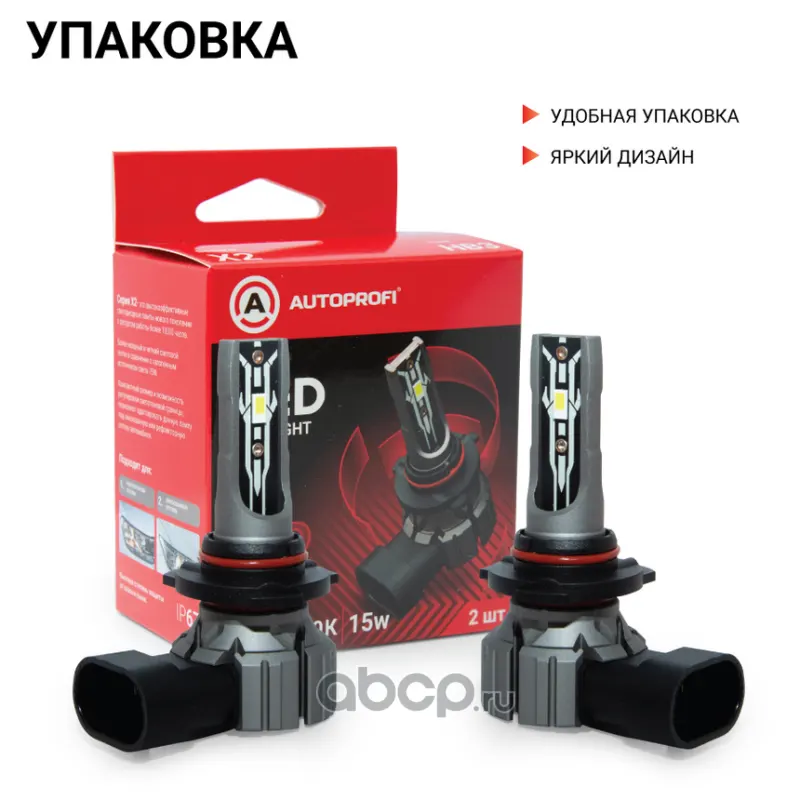 Лампа светодиодная Х2 компак, HB3, 12V / 15W, 6000K, 4000 Lm, комплект 2 шт